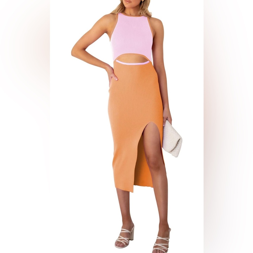 Chic Pink and Coral Maxi Dress with middle cut out, Amazon, no tags, Size S